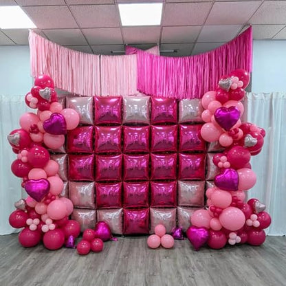 Hot Pink Square Foil Balloon Wall,25Pcs Double Sided Balloons Backdrop Foil Balloon Tunnel Arch Garland Kit for Valentine's Day Birthday Bridal Anniversary Baby Shower Party Decorations - style: Hot Pink