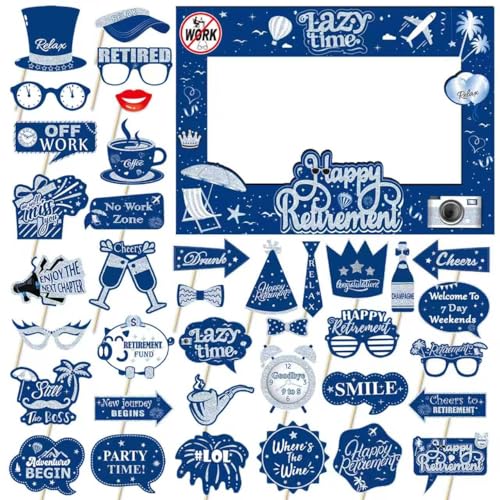Retirement Party Photo Booth Props Kit - 37pcs Paper Photo Props 1 Frame Glitter Retirement Party Decorations for Retiree Celebration, Farewell Office Party Supplies (Blue and Silver) - color: Blue and Silver