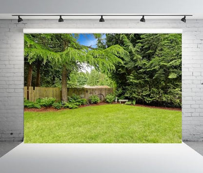 5x3ft Fabric Spring Backyard Backdrop for Photography Green Backyard Area with Wooden Fence and Trim Background for Green Grassland Nature Outdoor Photo Backdrop Kids Adults Studio Props - size: 5x3FT