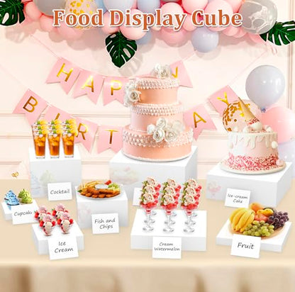 SUNEZLGO 8PCS Buffet Risers, Acrylic Large Food Risers with Mini Signs, Buffet Table Acrylic Cube Display Stands Box Risers for Party Catering Dessert Jewelry Nesting Risers with Hollow Bottom White - color: White