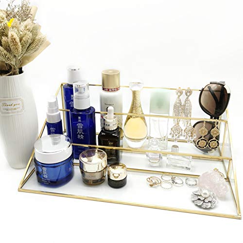 Yamfurvo 3-Tier Glass Triangular Prism Shaped Home or Retail Display Showcases, Jewelry Display Stands with Vintage Style Brass Tone Metal Frame (Large)