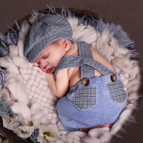 Holibeat Newborn Boy Photography Props Baby Boy Photo Shoot Outfits Infant Gentleman Romper Suits with Hat - color: Check