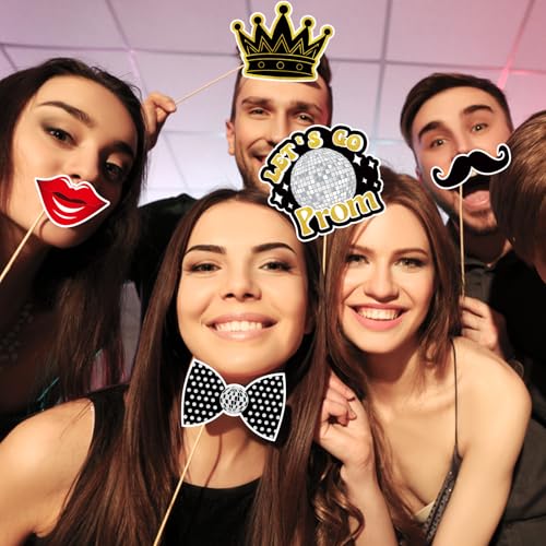 24 Pcs Prom Photo Booth Props Kit - Funny Prom Dance Party Photo Booth Props for High School or College Graduation Party Decorations Supplies Favors, Black Gold Selfie Props