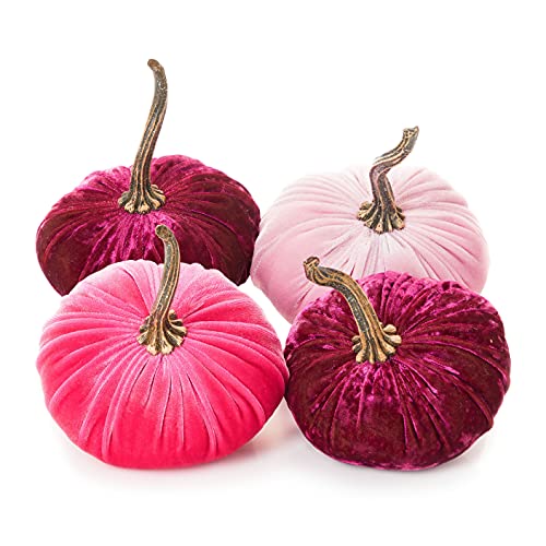 Set of 4 Small Velvet Pumpkins, pink pumpkin decor, our little pumpkin for baby girll shower nursery, fall wedding centerpiece, tiered tray decor, elegant gift set (2 Luxe Berry, Hot Pink, Pink) - color: 2 Luxe Berry, Hot Pink, Pink