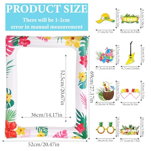 Hawaiian Party Photo Booth Props Kit, 30 PCS Luau Photo Booth Props with Large Inflatable Selfie Picture Frame for Hawaiian Tropical Tiki Summer Pool Party Supplies - size: Hawaiian Inflatable Frame