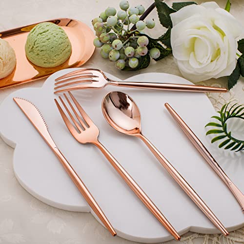 SUT 150Pcs Rose Gold Plastic Silverware, Disposable Cutlery Set, Heavy Duty Plastic Flatware Set，Disposable Rose Gold Utensils Include 50 Forks,50 Spoons, 50 Knives Perfect for Party - style: Rose gold
