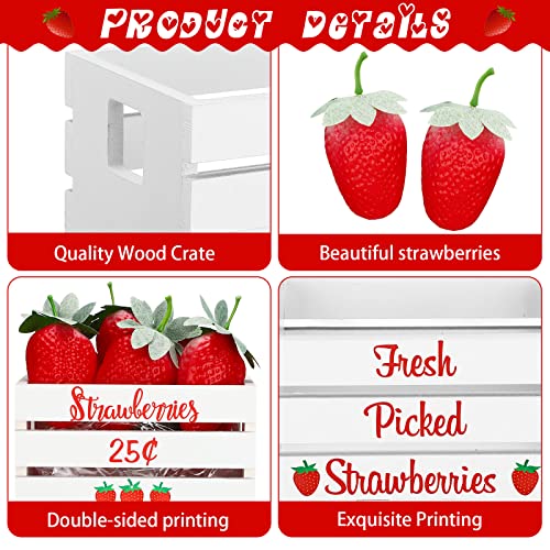 Maitys Strawberry Table Decor, Rustic Summer Tiered Tray Decor Mini Wooden Crate with 8 Fake Strawberry, Farmhouse Table Centerpiece Berry Decoration for Kitchen Mantel Shelf, Baby Shower Party Supply