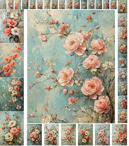 Decoupage Paper Pack (35 Sheets 6"x8") Floral Charm: Soft Peach and White Flowers nestled Against Textured Vintage Blue Backgrounds, evoking Elegance and Nostalgia FLONZ Vintage - color: Five