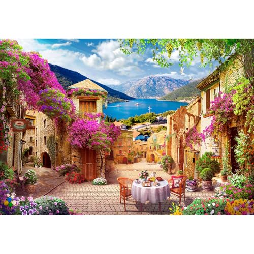 Coastal City Backdrop Mediterranean City Old Town Street Cafe Shop Photography Background Garden Blossoming Flowers Mountain Village Scenery Backdrop Decors for Travel Vacation Birthday Props 5x3ft - color: Purple_Blue, size: 5x3ft