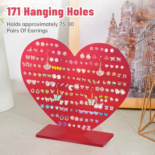 NiHome Heart-Shaped Acrylic Earring Holder Stand for Studs & Dangles, Romantic Jewelry Organizer for All Ages, Vanity Dresser or Boutique Decorative Display Holds 75-80 Pairs with 171 Holes (Red) - color: Red