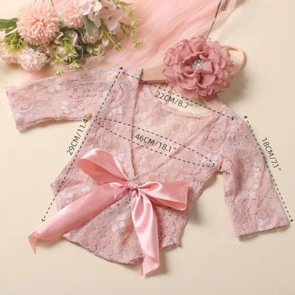 Newborn Photography Outfits Girl Newborn Photography Props Lace Romper with Headband Infant Photo Shoot Outfits Girls Photo Props Baby Girl Photoshoot - color: Bow Pink