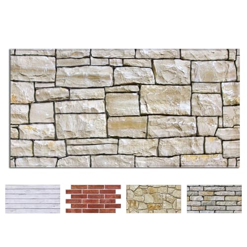 COMSTICKC 3D Faux Stone Wall Sticker Peel and Stick Wall Covering, 12 pcs 22.8" x 11.8", DIY UrltraLight PVC 3D Self Adhesive Fake Brick Rock Paneling Interior Decor,Paintable,Covers 22.48 sq.ft - color: Light Brown Stone
