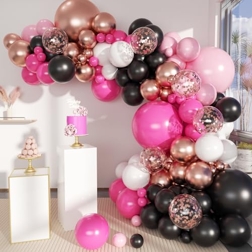 MEBAY Hot Pink Black and Gold Balloon Arch Kit, 141Pcs Rose Red Black Dusty Rose Gold Metallic Pastel Pink White Balloons for Birthday Wedding Bachelorette Gender Reveal Anniversary - color: 141-hot Pink