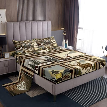 Feelyou Deer Bear Sheet Set Twin Size Kids Rustic Cabin Plaid Bed Sheets Set Boys Girls Teens Wild Animal Grid Sheets with Deep Pocket Fitted Sheet Nature Wildlife Tree Bedding Set Camper Lodge - color: Brown Green, size: Twin