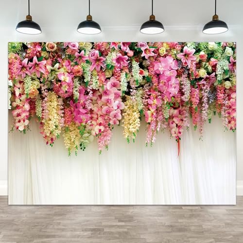 5x4ft Pink Floral Backdrop White Curtain Wedding Reception Photography Background Colorful Flowers Anniversary Bridal Shower Decorations Birthday Party Baby Shower Portrait Photo Booth Prop - color: color 1, size: 5x4ft