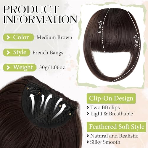 Bangs Hair Clip in Bangs, French Medium Brown Fake Bangs Hair Clip on Bangs for Women Fringe with Temples Hairpieces Faux Bangs for Daily Wear - color: Medium Brown