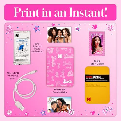 Kodak x Barbie Instant Smartphone Portable Photo Printer, Full Color, Wireless, Zink 2x3” (5.1x7.5 cm) Sticky-Back Photos, Print from iOS & Android Devices with Fun Editing App, Signature Style - color: Barbie Signature, style: Printer