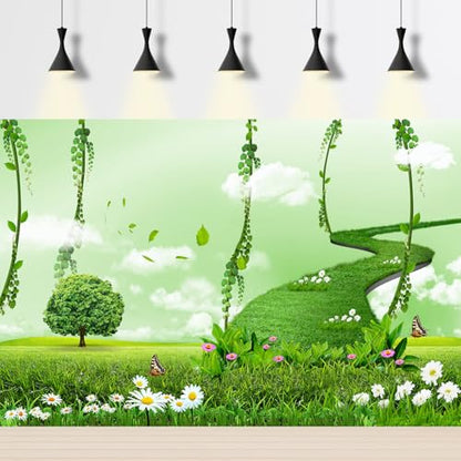 Fantasy Trees Backdrop Heart Shape Tree Love Symbol Photography Background Spring Lush Green Meadow Flowers Backdrop Spring Garden Wonderland Background for Kids Children Adult Photo Props 5x3ft - color: Light Green, size: 5x3ft