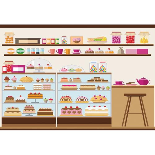 15x10ft Bakery Cafe Goods Shelf Backdrop Birthday Cake Lollipop Jelly Bean Cupcake Cartoon Sweets Shop Photography Background Bakery Shop Birthday Party for Girls Boys Portrait Photo Prop - size: 15x10ft