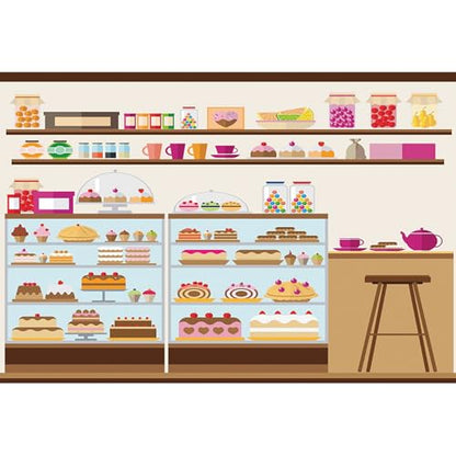 10x6.5ft Bakery Cafe Goods Shelf Backdrop Birthday Cake Lollipop Jelly Bean Cupcake Cartoon Sweets Shop Photography Background Bakery Shop Birthday Party for Girls Boys Portrait Photo Prop - size: 10x6.5ft