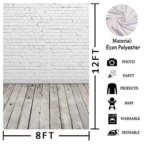 Allenjoy 8x12FT White Brick Wall with Grey Wood Floor Photographic Background Holiday Christmas Photography Family DIY Photo Booth Backdrop Portrait Photoshoot Photography Props - size: 8 x 12 ft