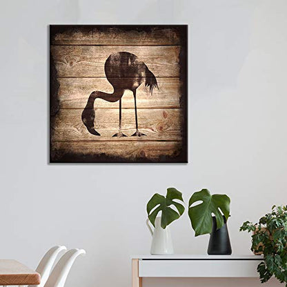 wall26 - Square Canvas Wall Art - Flamingo Silhouette on Rustic Wood Board Texture Background - Giclee Print Gallery Wrap Modern Home Art Ready to Hang - 12x12 inches - color: Flamingo - 06, size: 12"L x 12"W