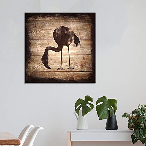 wall26 - Square Canvas Wall Art - Flamingo Silhouette on Rustic Wood Board Texture Background - Giclee Print Gallery Wrap Modern Home Art Ready to Hang - 12x12 inches - color: Flamingo - 06, size: 12"L x 12"W