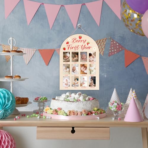 Strawberry My First Year Photo Board, Berry First Year Baby Milestone Signs for Boys Girls Nursery Decor, 12 Month Wooden Picture Board for 2x3 Photos, Best Babies Keepsake Gifts-A16 - color: Strawberry 2
