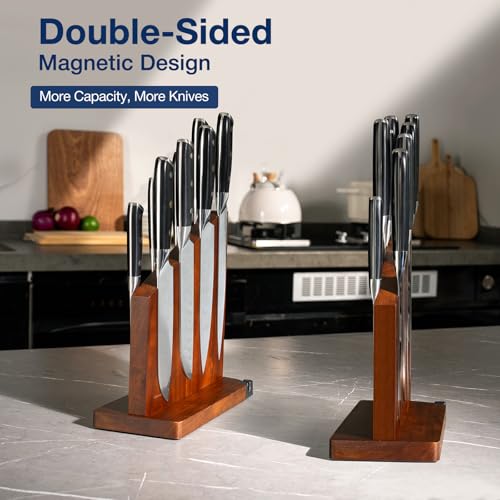 Gourmetop Magnetic Knife Holder with Built-in Sharpener, 100% Acacia Wood Magnetic Knife Block without Knives, Strong Double-Sided Magnetic Knife Holder for Kitchen Countertop Organization, Dark Wood - color: Dark Wood