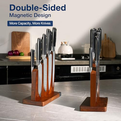 Gourmetop Magnetic Knife Holder with Built-in Sharpener, 100% Acacia Wood Magnetic Knife Block without Knives, Strong Double-Sided Magnetic Knife Holder for Kitchen Countertop Organization, Dark Wood - color: Dark Wood