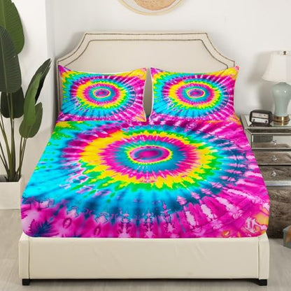 Queen Size 4-Piece Colorful Rainbow Tie Dye Sheet Set - Spiral Tie Dye Fitted Sheet, Deep Pocket, 2 Pillow Cases - color: Multi 05, size: Queen