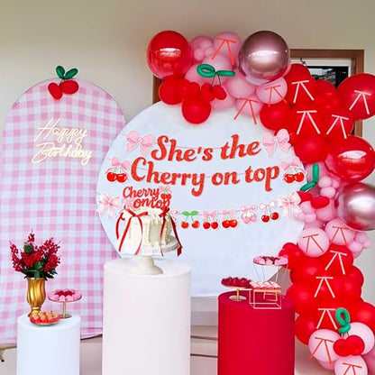 She's The Cherry on Top Baby Shower Backdrop Balloons for Girl Cherry Theme Coquette Bridal Shower Decorations Bow Party Decor Bride to Be Engagement Party Decor Birthday Props