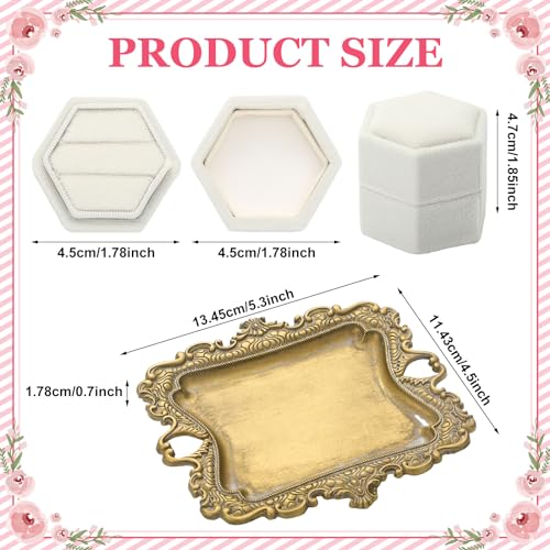 FoldTier 2 Pcs Wedding Vintage Trinket Tray with Velvet Jewelry Ring Box Gold Flat Lay Tray for Wedding Photographer Detail Props Ceremony Antique Decor