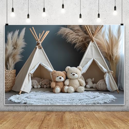 YongFoto Bear Theme Backdrop 6x4ft Tent Blanket Pampas Boho Photography Background Baby Shower Cradle Ceremony Kid Birthday Party Banner Baby Portraits Photoshoot Wallpaper Photo Studio Booth Prop - color: Style 3, size: 6ftx4ft