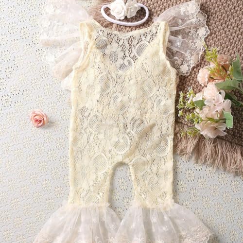 Newborn Photography Outfits Girl Newborn Photography Props Newborn Girl Lace Romper Headress Infant Princess Costume - color: Light Yellow