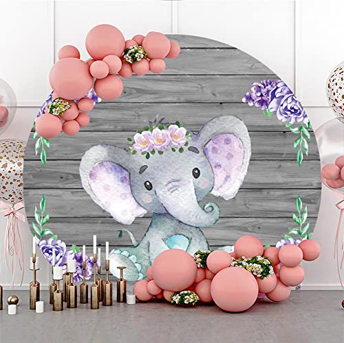 Yeele 7.5x7.5ft Cute Purple Elephant Round Backdrop Wooden Texture Wall with Purple Flowers Photography Background Newborn Girls Baby Shower Birthday Party Decors Cake Table Banner Photo Booth Props - size: 7.5x7.5ft-Diameter