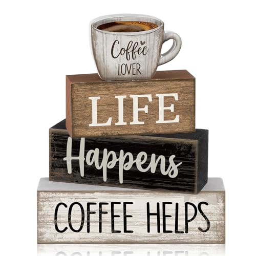 Moucuny 4 Pcs Farmhouse Coffee Bar Table Decor Vintage Wooden Stacked Block Sign - 'life Happens Coffee Helps' Table Centerpiece Rustic Wood Bar Sign Gift for Home Kitchen Shelf Tiered Tray Decor - style: Coffee Lover