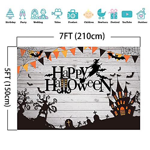 Mocsicka Happy Halloween Backdrop Spider Web Witch and Flying Bats Photography Background Wooden Floor Halloween Party Cake Table Decoration Banner Photo Booth Props (7x5ft) - size: 7x5ft