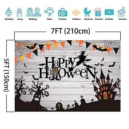 Mocsicka Happy Halloween Backdrop Spider Web Witch and Flying Bats Photography Background Wooden Floor Halloween Party Cake Table Decoration Banner Photo Booth Props (7x5ft) - size: 7x5ft