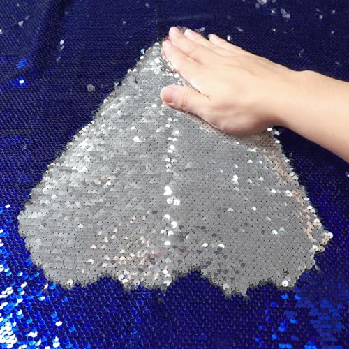 DUOBAO Silver to Royal Blue Mermaid Fabric by The Yard- 1/2 Two Tone Sequin Fabric 0.5 Yard Reversible-Fabric Quality Fabrics Mesh Sequins - color: Silver to Royal Blue, size: 0.5 Yard