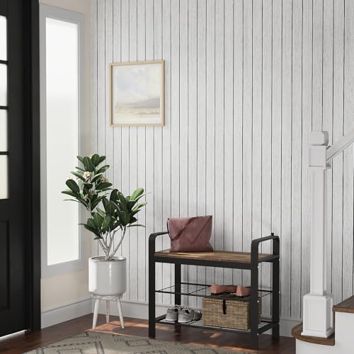 VEELIKE Whitewashed Wood Slat Wall Panels Peel and Stick Wood Wall Panel for Interior Wall Decor TV Background 118''x30'' Wide Foam Slat Vinyl Roll Wooden Contact Paper for Bedroom Living Room Ceiling - color: Whitewashed, size: 30" x 118"