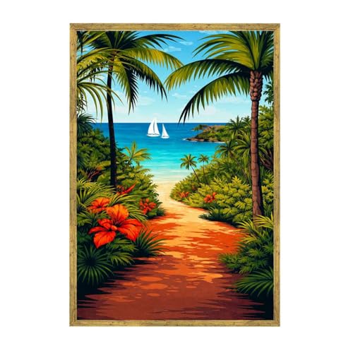 Framed Tropical Beach Path Poster Canvas Print Modern Minimalist Aesthetic Wall Art Wall Decor Stunning Painting Pictures for Living Room Bedroom Home Decor Decoration (16L x24W,Gold Framed) - size: 16L"x24W"