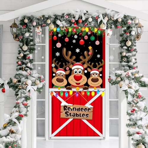 Irenare Christmas Door Cover Decorations Reindeer Stables Door Banner Christmas Elk Hanging Backdrop Banner Photo Booth Props for Xmas Winter Party Decorations Supplies, 70.9 x 35.4 Inch - style: Reindeer Stables