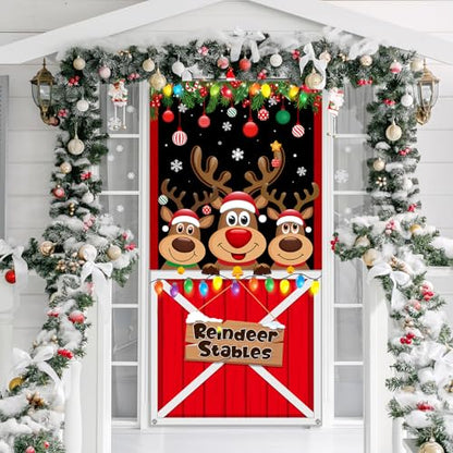 Irenare Christmas Door Cover Decorations Reindeer Stables Door Banner Christmas Elk Hanging Backdrop Banner Photo Booth Props for Xmas Winter Party Decorations Supplies, 70.9 x 35.4 Inch - style: Reindeer Stables