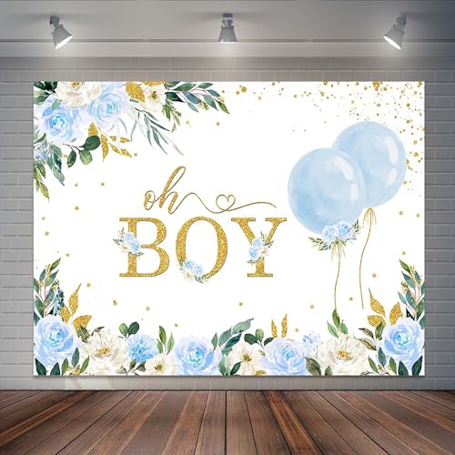 Oh Boy Baby Shower Backdrop - Watercolor Blue Floral Botanical Eucalyptus Blue Balloon Party Decorations Banner & Photo Booth Props (8x6ft) - size: 8x6ft