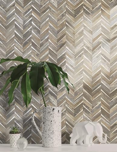 DICOFUN 10-Sheet Herringbone Peel and Stick Backsplash for Kitchen, Distressed Wood Wood Look PVC Mixed Metal Chevron Stick on Backsplash Wall Tiles - color: Distressed Wood and Metal Silver, size: 10 Sheets, 12"x12"x0.12"