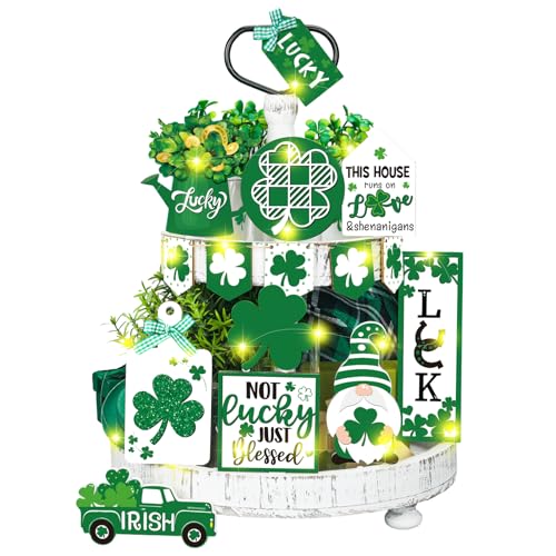 Beeveer 15 Pcs St. Patrick's Day Tiered Tray Decor Set Shamrock Gnome Wooden Sign Rustic Irish Themed Table Centerpiece Tabletop for Home Office Kitchen(Gnomes) - style: Gnomes