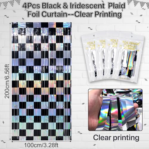 4 Pack 3.3Ft x 6.6Ft Race Car Checkered Foil Fringe Curtain Backdrop Decorations, Black Iridescent Metallic Tinsel Foil Streamers Curtain Photo Booth for Race Car One Happy Dude Birthday Party Decor - color: Iridescent Black and White