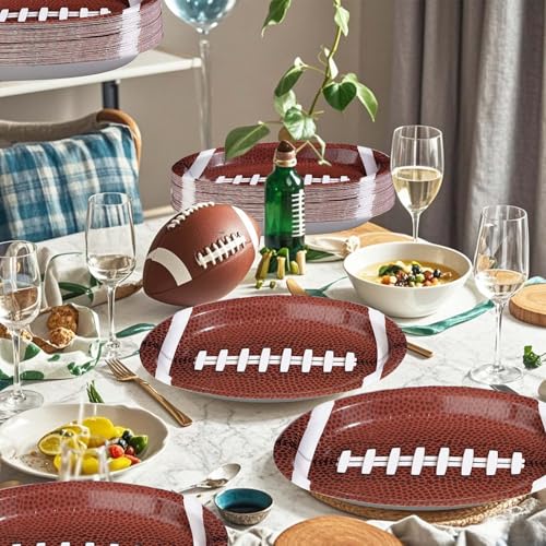 50Pcs Large Football Oval Plates 10"x12" Heavy Duty Football Food Plates Disposable Football Food Tray for Football Theme Party Supplies Sports Event Game Tailgate Carnivals Birthday Party Decorations - style: Football Oval Plates