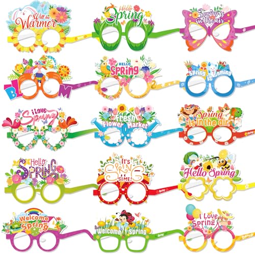 HOWAF 30pcs Hello Spring Photo Booth Props Paper Eyeglasses, Spring Flower Eyewear for Spring Party Decorations Supplies, Welcome Spring Butterfly Glasses Fame for Kids Birthday Favors